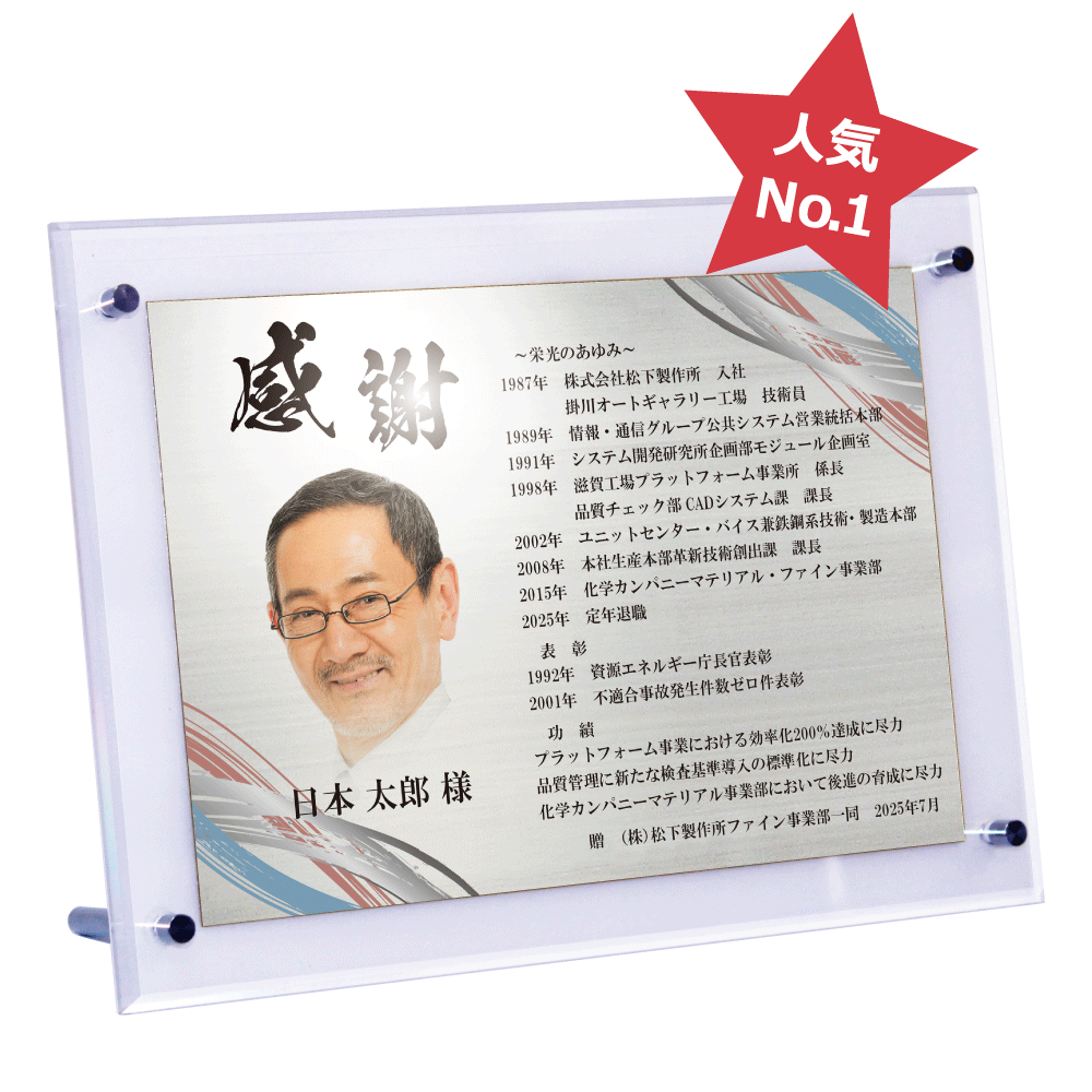 送別会の幹事様へ。定年退職祝いの記念品を贈るためのサプライズプレゼント“栄光のあゆみ”。スタンド2号