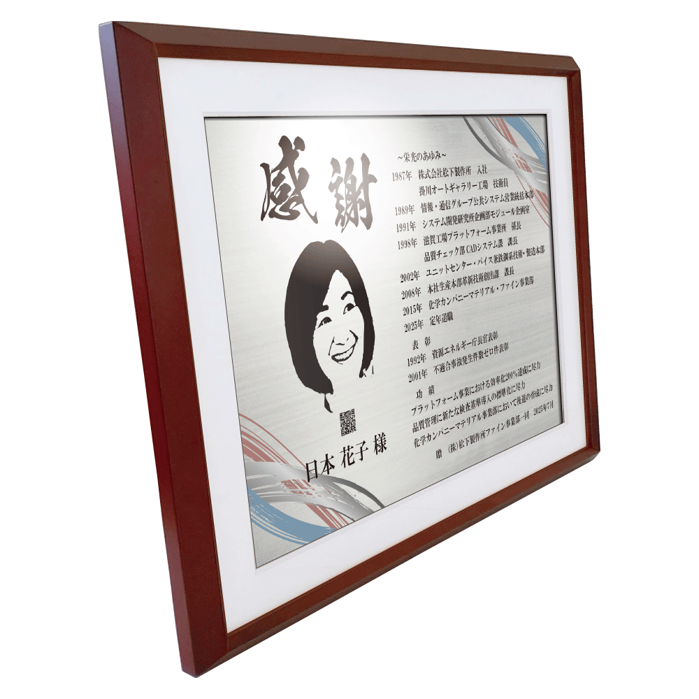 送別会の幹事様へ。定年退職祝いの記念品を贈るためのサプライズプレゼント“栄光のあゆみ”。額1号